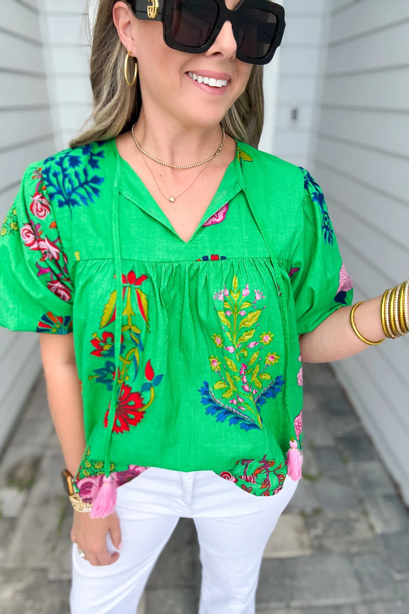 THML: Lush Moments Puff Sleeve Blouse - Green