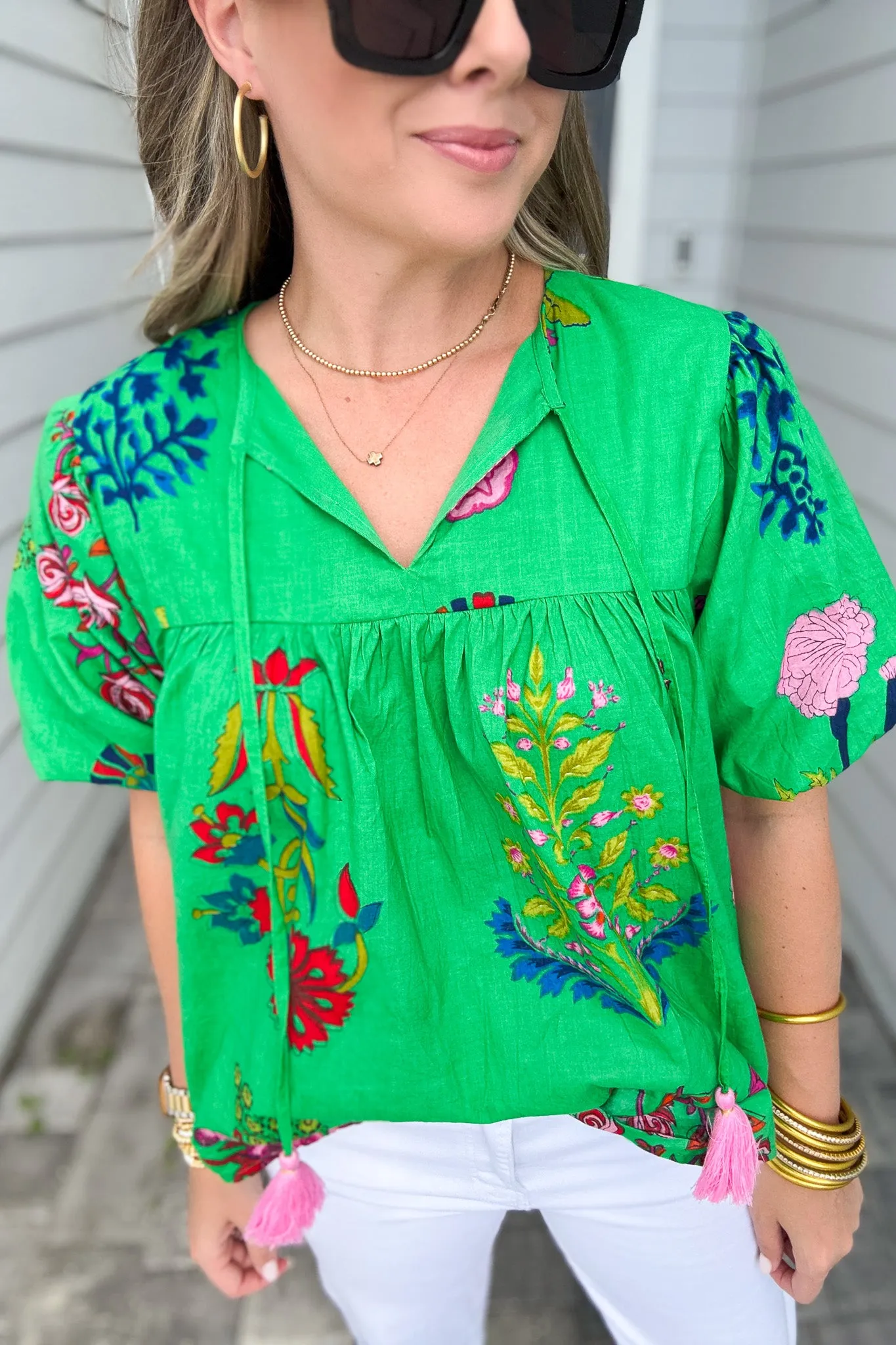 THML: Lush Moments Puff Sleeve Blouse - Green