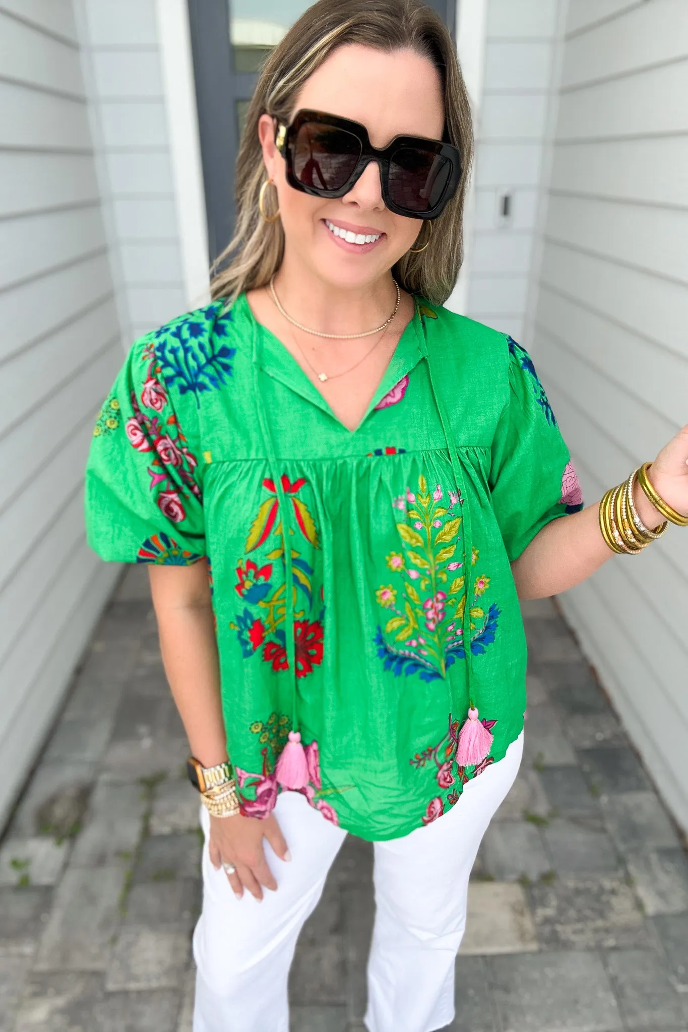 THML: Lush Moments Puff Sleeve Blouse - Green
