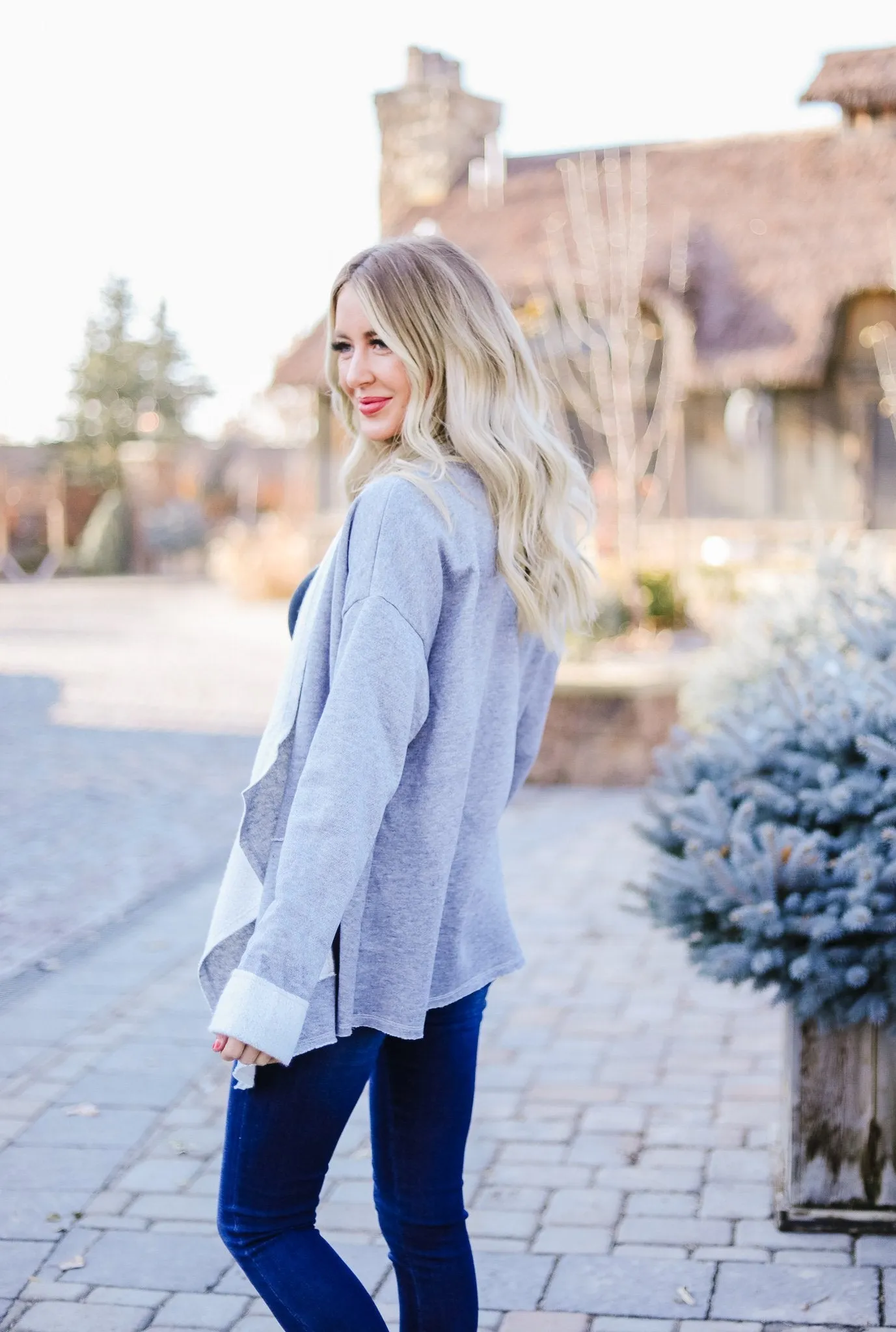 Tres Chic French Terry Cardigan In Gray