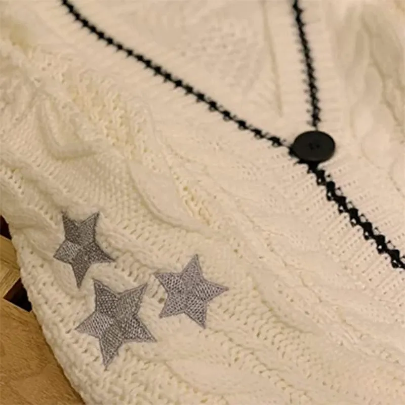 V Neck Long Sleeve Star Print Knitted Cardigan Sweater
