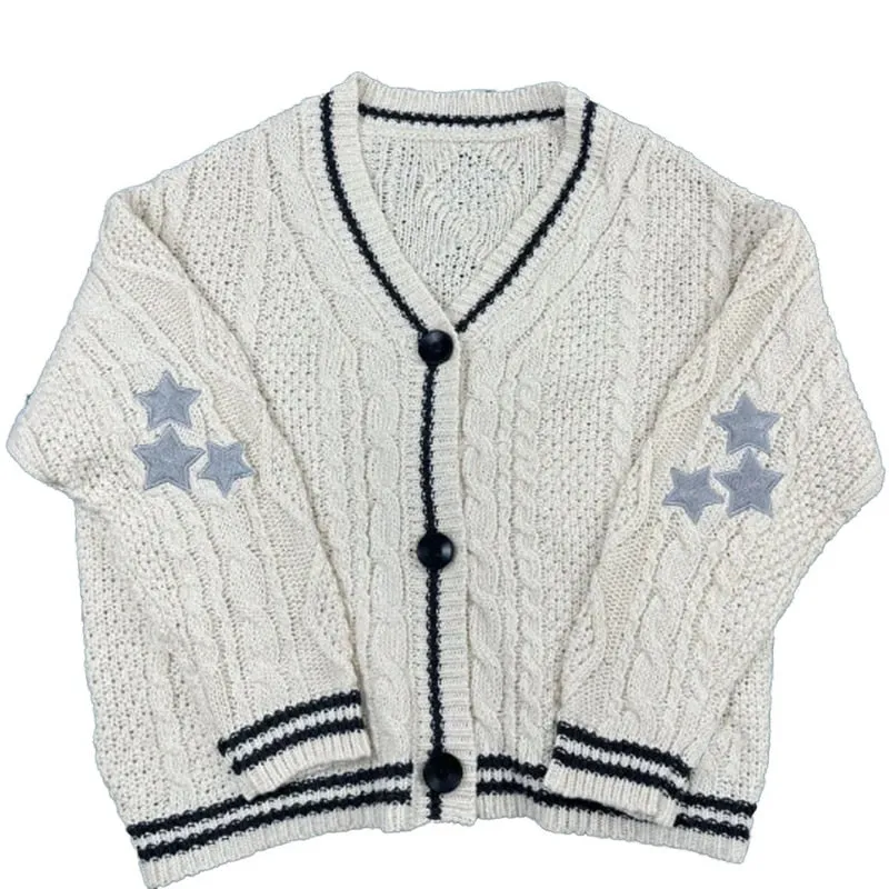 V Neck Long Sleeve Star Print Knitted Cardigan Sweater