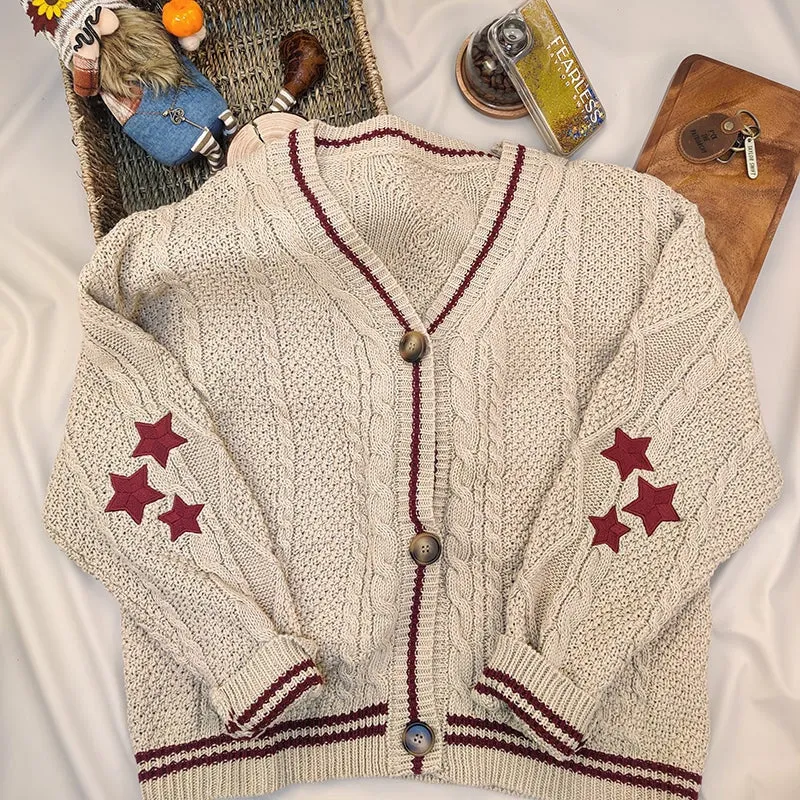 V Neck Long Sleeve Star Print Knitted Cardigan Sweater