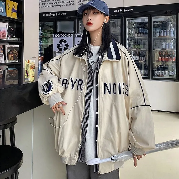 Vintage Mock Neck Loose Baseball Suit Versatile Coat Women