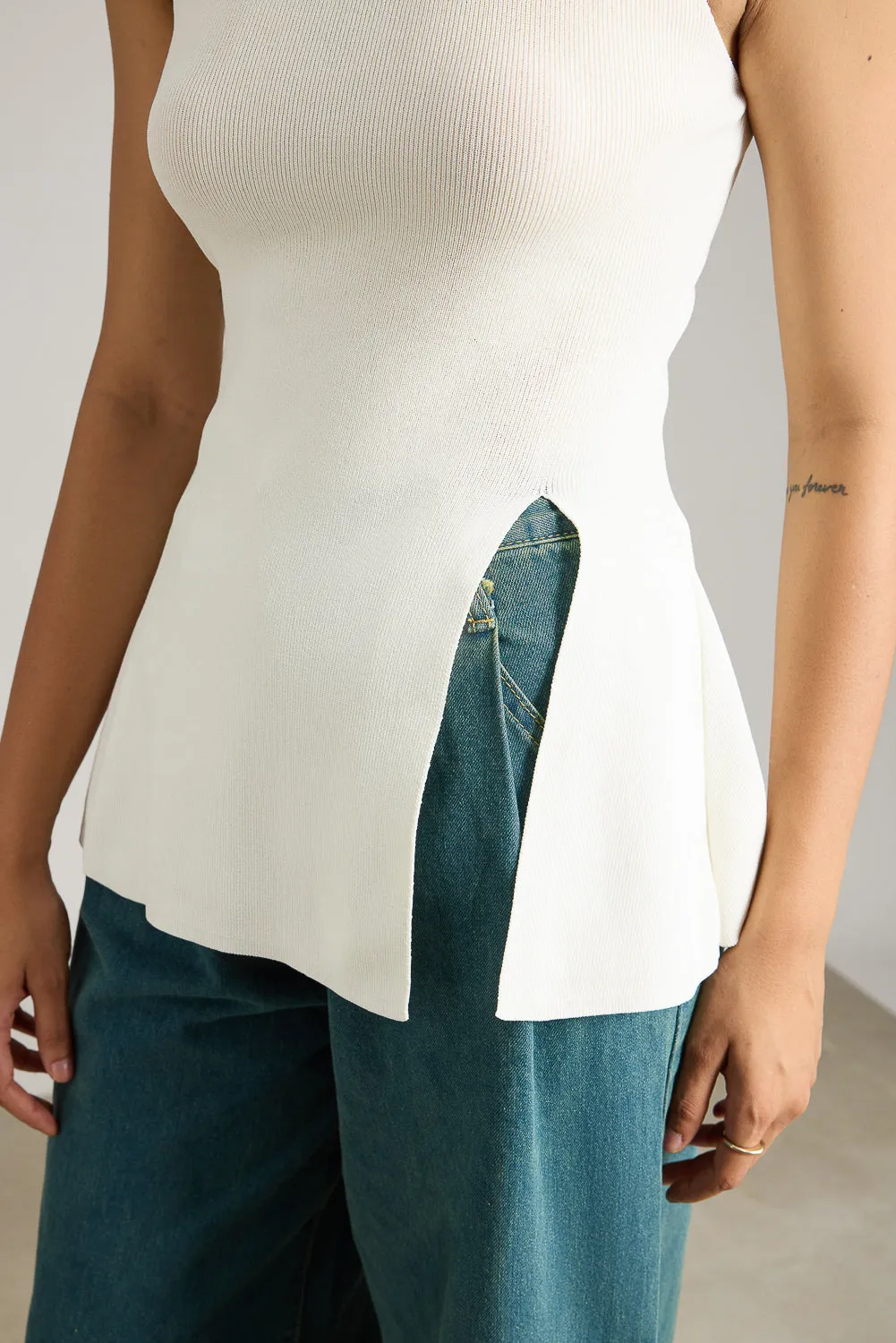 White Flared Long Top With Slit