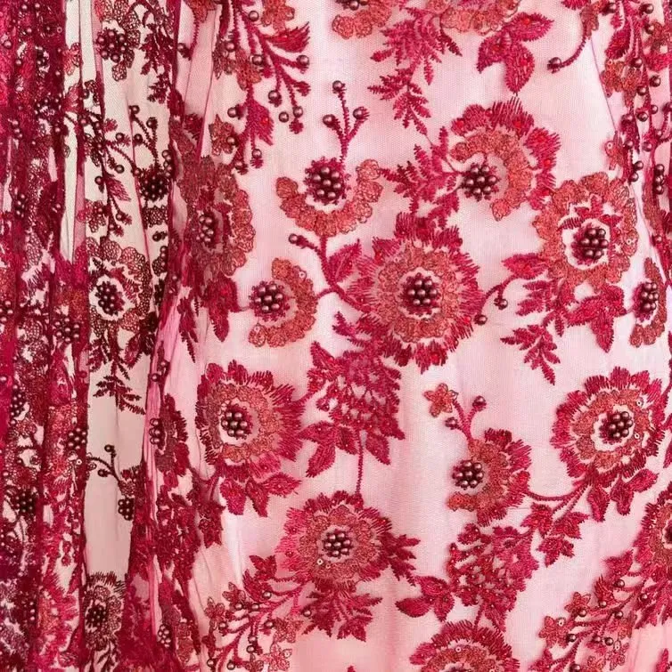 Wine Red Beaded Sequin Embroidered Lace Fabric