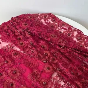 Wine Red Beaded Sequin Embroidered Lace Fabric