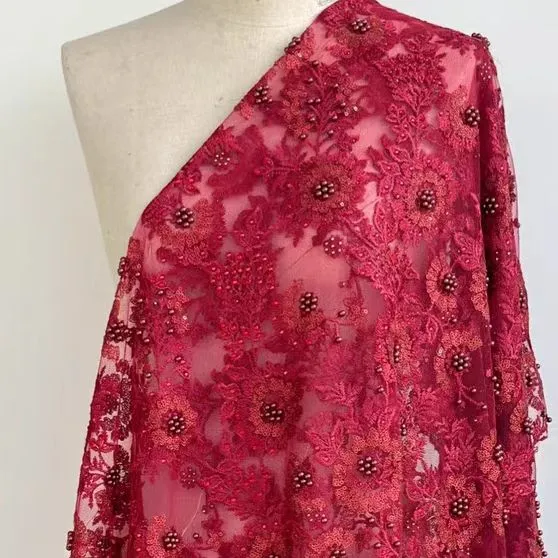Wine Red Beaded Sequin Embroidered Lace Fabric