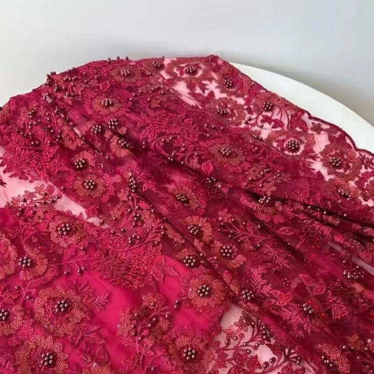Wine Red Beaded Sequin Embroidered Lace Fabric