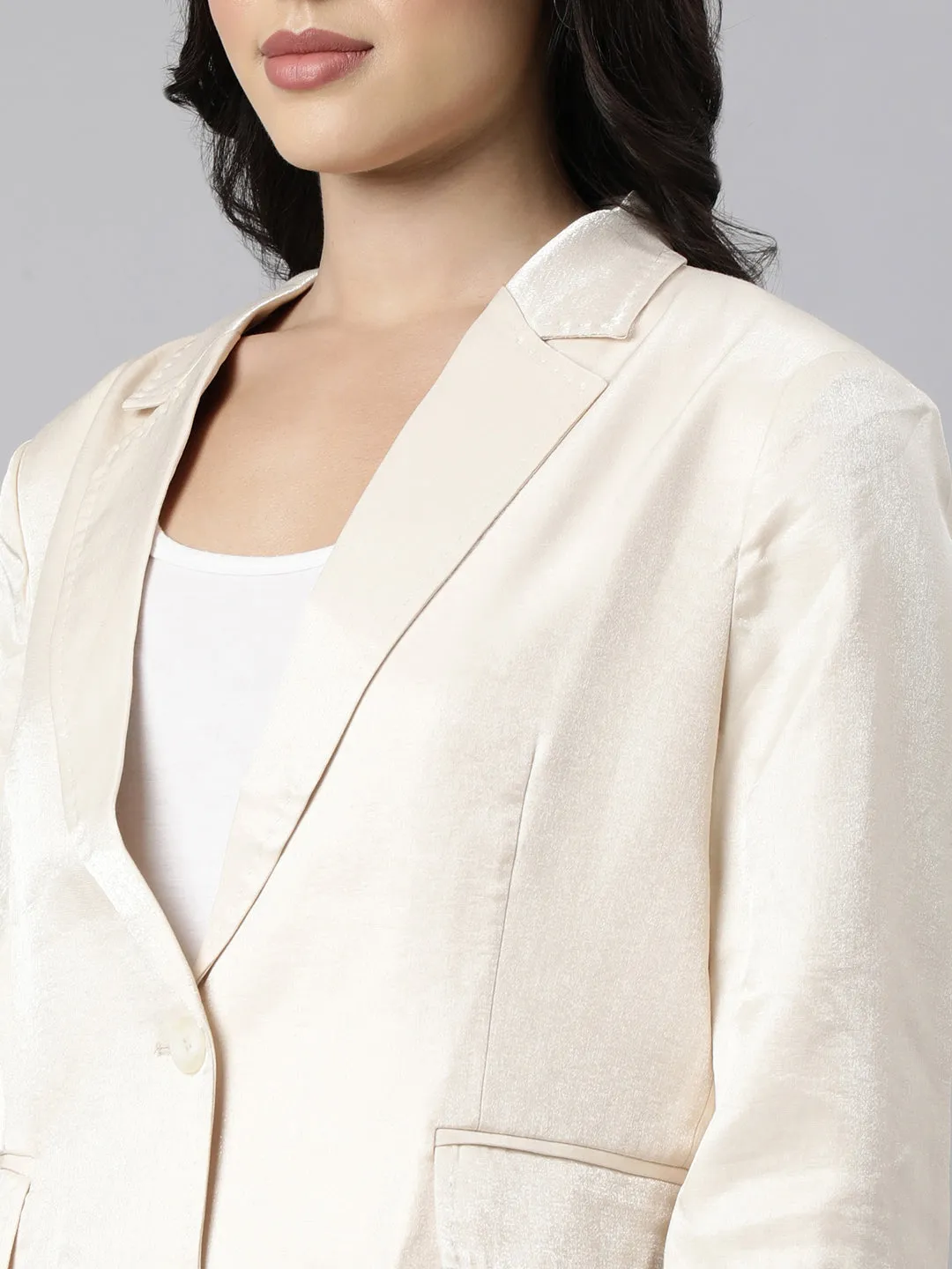 Women Beige Slim-Fit Notched Lapel Collar Single-Breasted Blazer