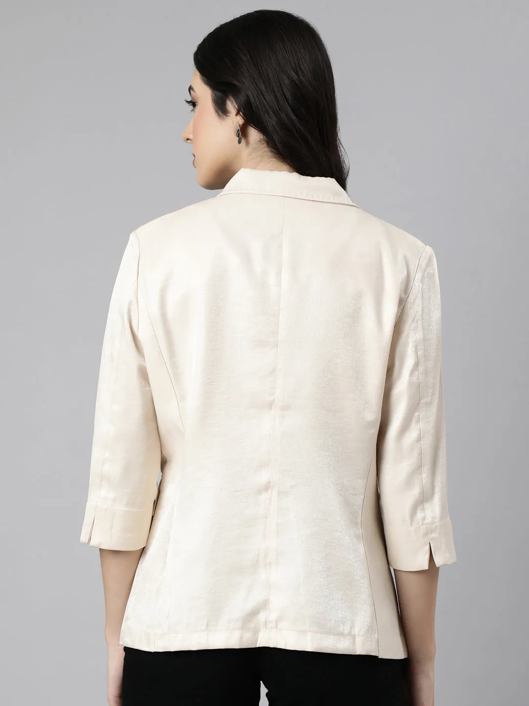 Women Beige Slim-Fit Notched Lapel Collar Single-Breasted Blazer