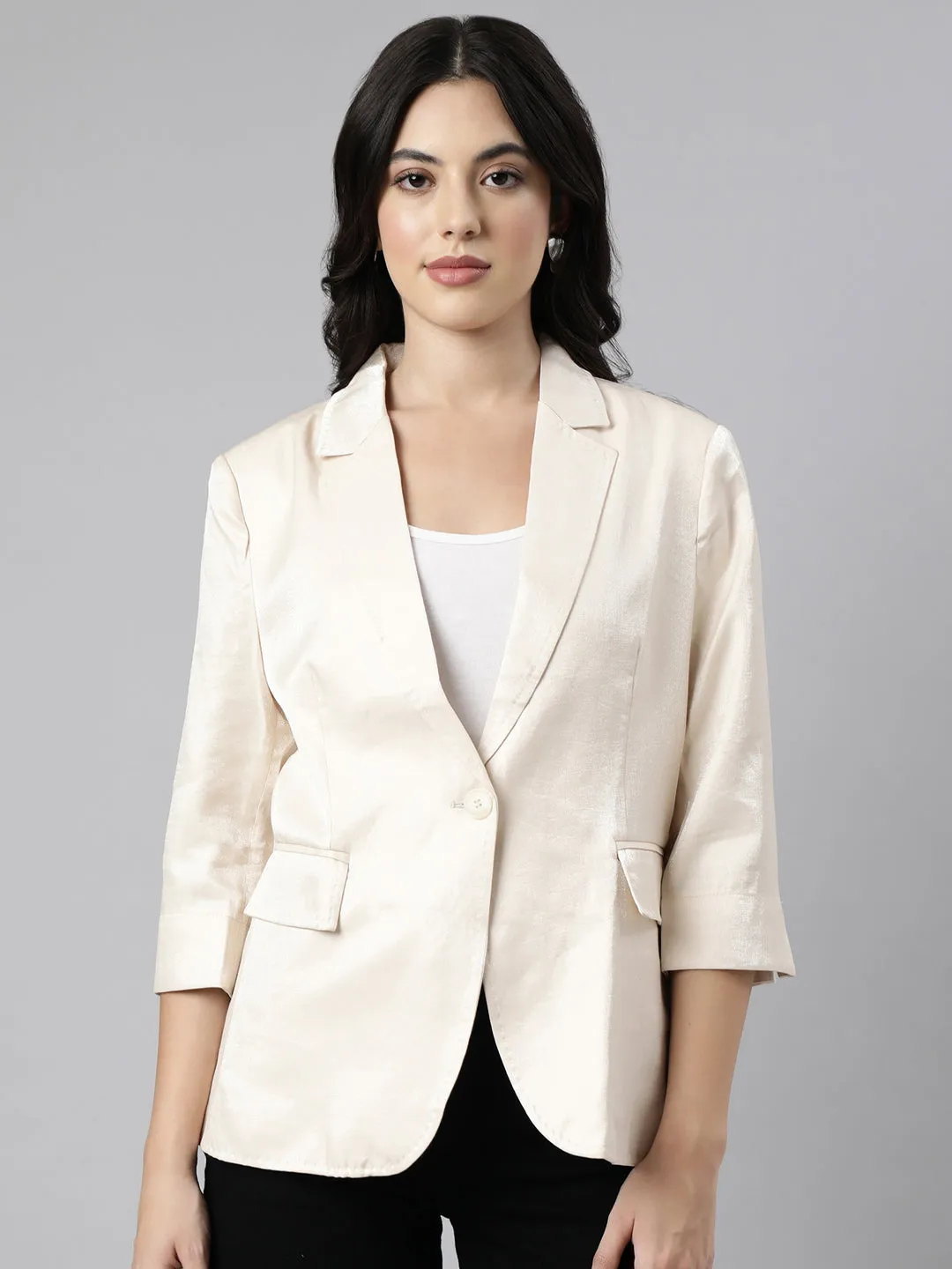 Women Beige Slim-Fit Notched Lapel Collar Single-Breasted Blazer