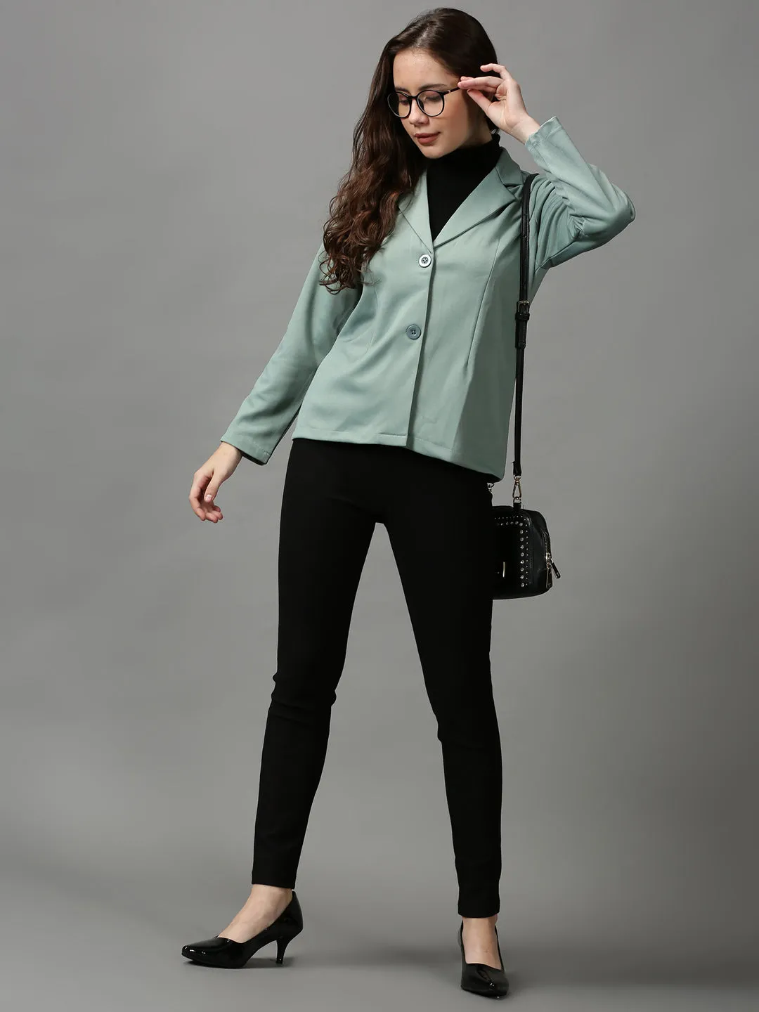 Women Green Open Front Blazer