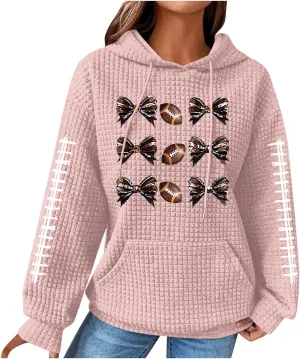 Womens Waffle Knit Hoodies Funny Football Graphic Shirt Game Day Hooded Sweatshirt Casual Pullover Tops 2025