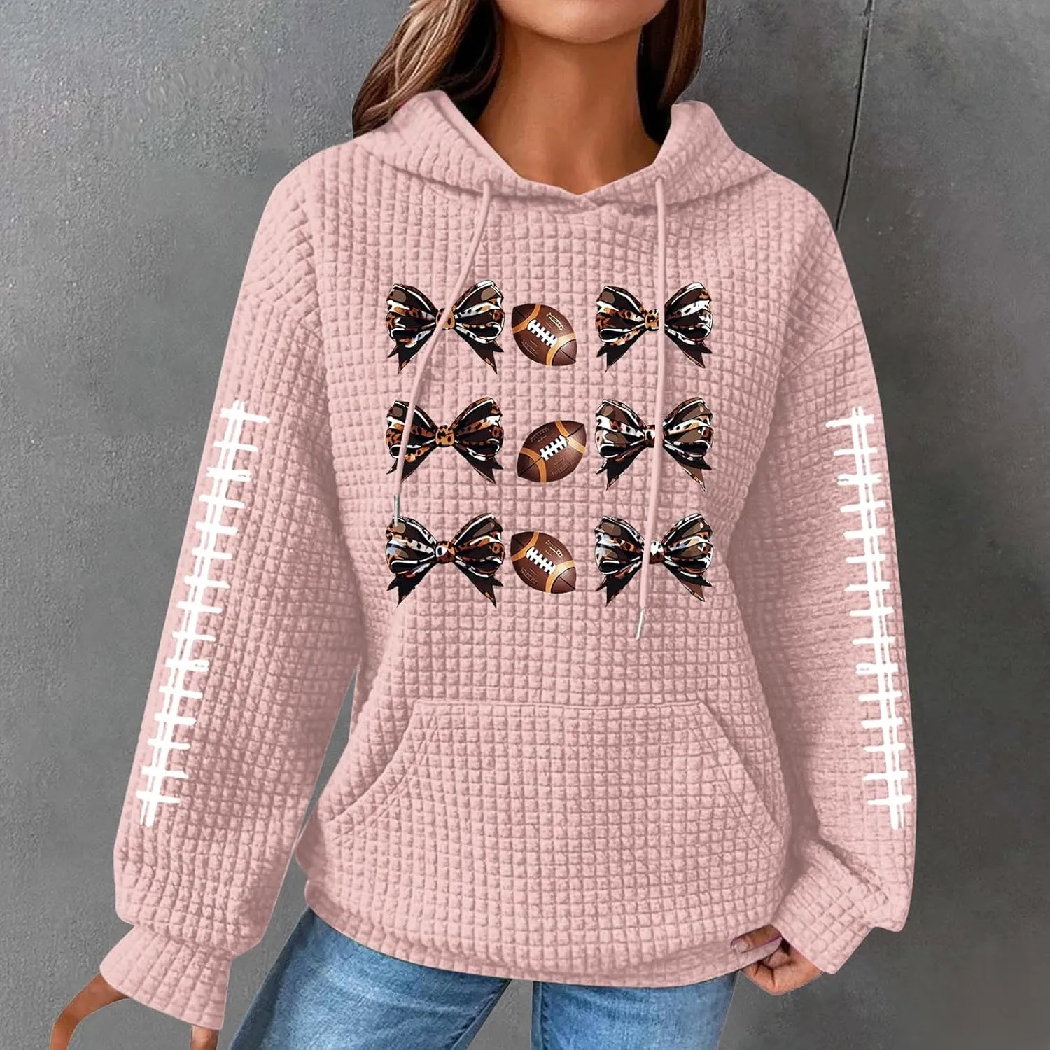 Womens Waffle Knit Hoodies Funny Football Graphic Shirt Game Day Hooded Sweatshirt Casual Pullover Tops 2025