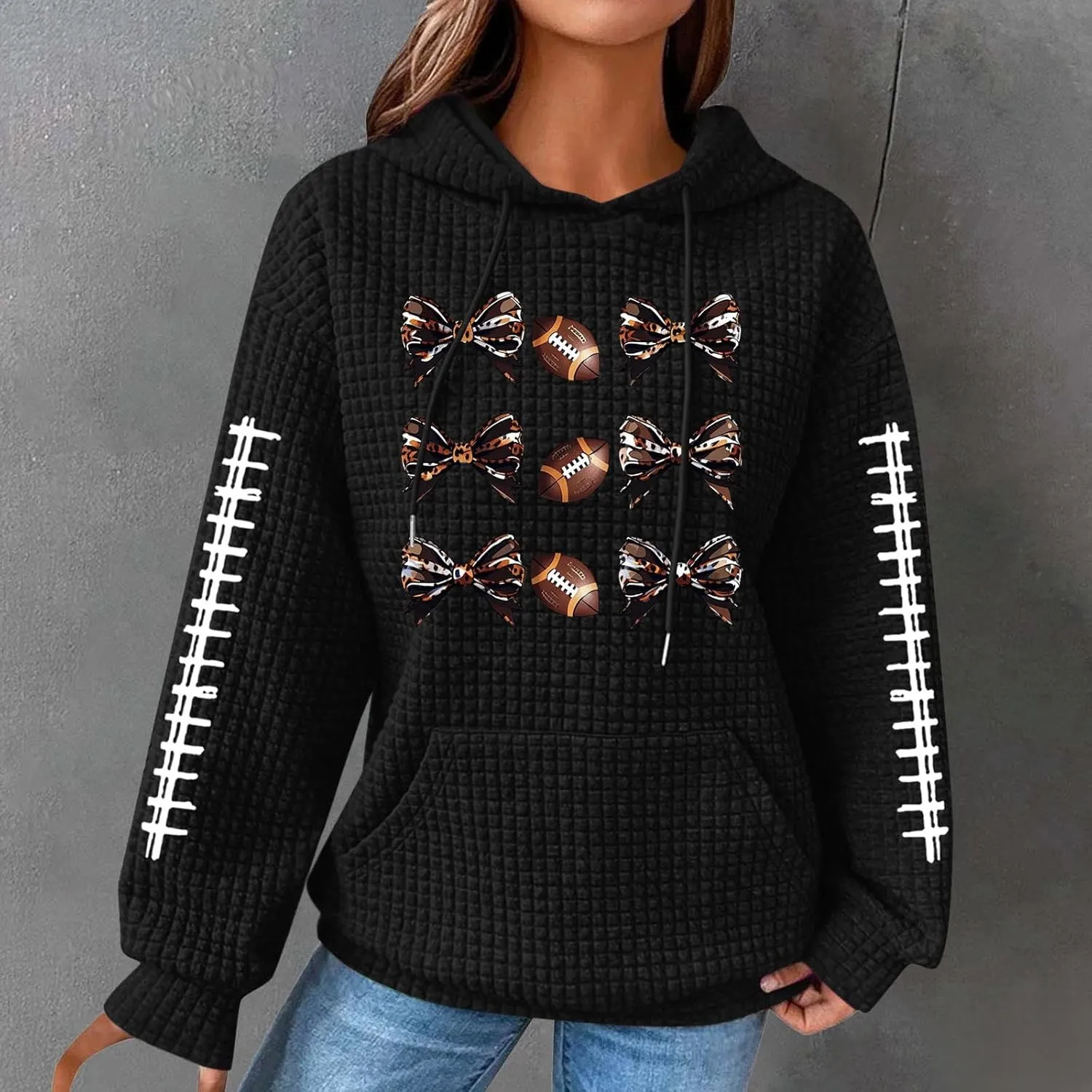 Womens Waffle Knit Hoodies Funny Football Graphic Shirt Game Day Hooded Sweatshirt Casual Pullover Tops 2025