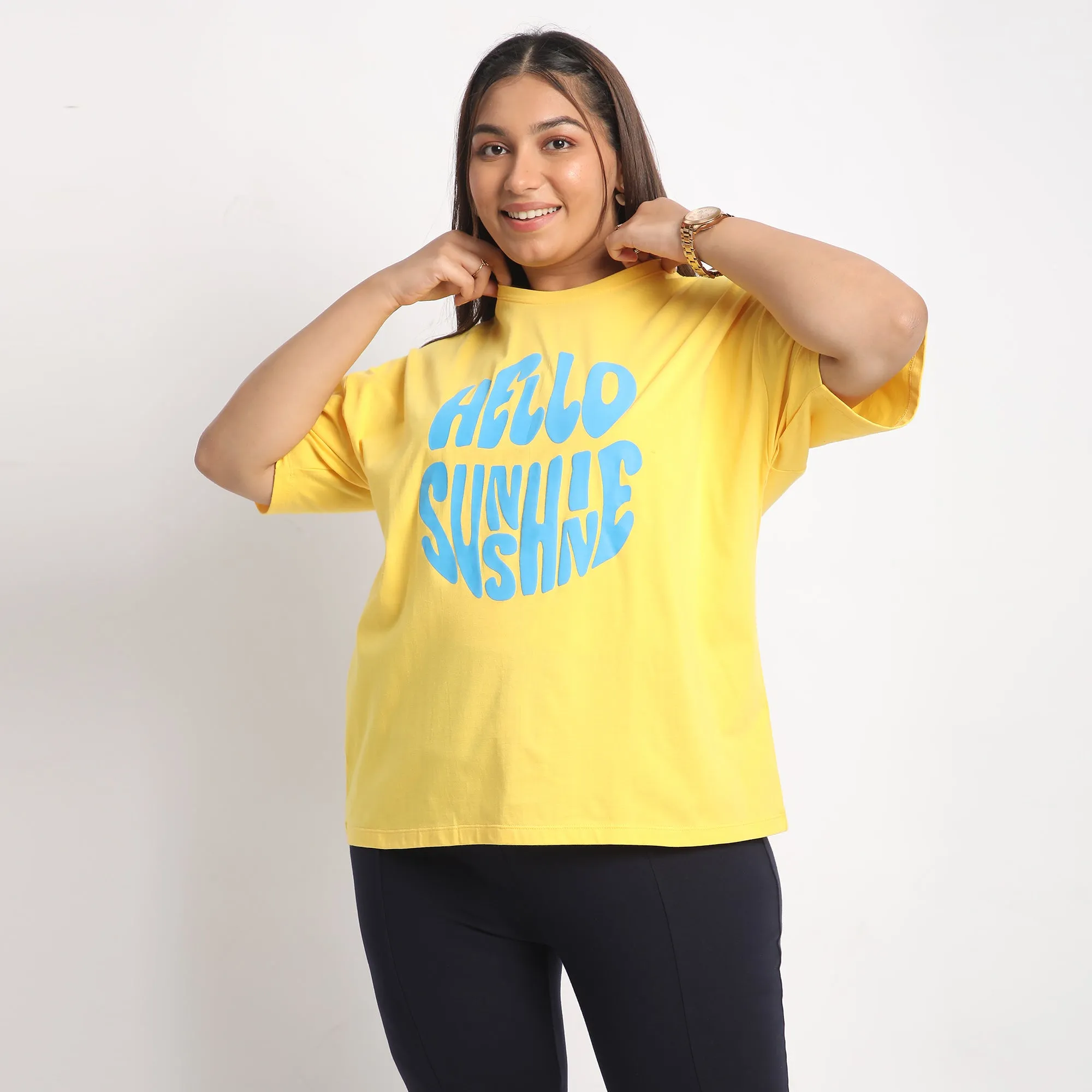 Yellow Sun shine Plus Size Chest Print Cotton Tee